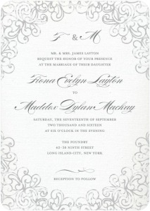 Invitation; $1.59 a piece http://www.weddingpaperdivas.com/product/15230/signature_white_wedding_invitations_dazzling_lace.html